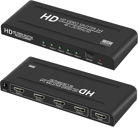 4K HDMI Splitter 1 in 4 Out - 1x4 Powered HDMI Splitter 4 Port Multi Monitor Outputs,Mirror/Copy Screen Only (Not Extend) Support 4Kx2K@30Hz 3D for PS4/Projector/HDTV