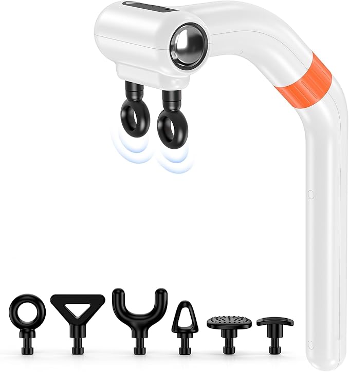 Dual-Head Massage Gun Deep Tissue with 3-in-1 Detachable Extension Handle, Handheld Percussion Back Massager for Muscle Neck Shoulder Body Pain Relief - 6 Speeds Levels (White)