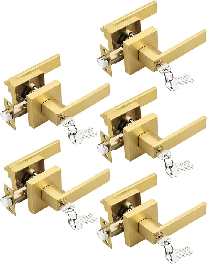 5 Pack Brushed Gold Entry Door Levers with Lock and Key, Satin Brass Keyed Alike Lockset Combo Pack, Entrance Door Handles for Office and Front Door, Door Knobs Lockset (Each with 3 Keys)