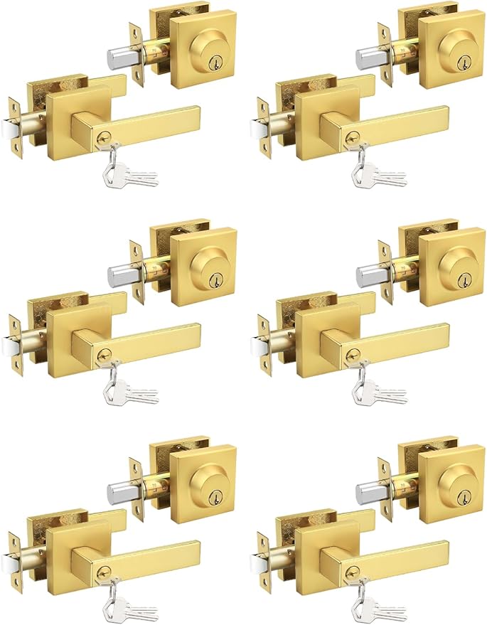 6 Pack Brushed Gold Keyed Alike Front/Exterior Door Lever with Single Cylinder Deadbolt, Satin Brass Entry Door Knob Lock Set Combo Sets, for Entrance/Front and Office Doors