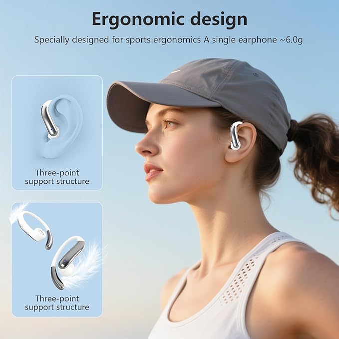 Open Ear Clip Wireless Earbuds Bone Conduction Headphones, Bluetooth 5.4, Open Ear Design, Built-in Mic, IPX7 Waterproof, LED Display Charging Case,Ear Hooks Ear Buds,Design for Running Walking