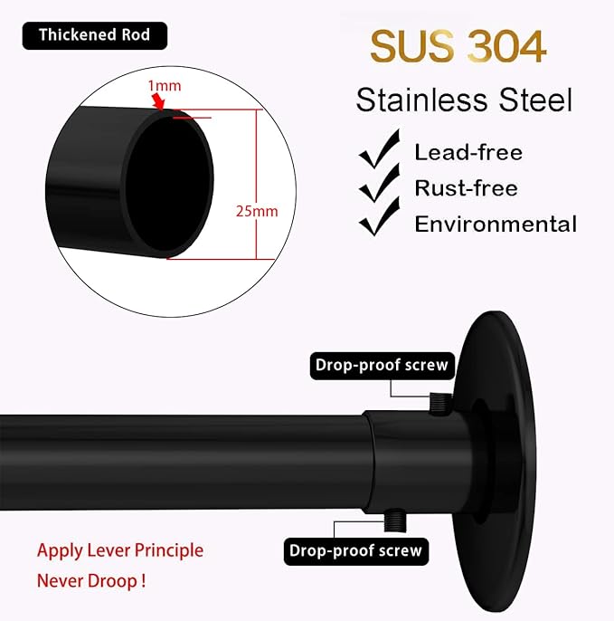 Corner Shower Curtain Rod Adjustable Stainless Steel L Shaped Rack Drill Free Install for Bathroom, Bathtub, Clothing Store (Black, 27"-39"x27"-39")