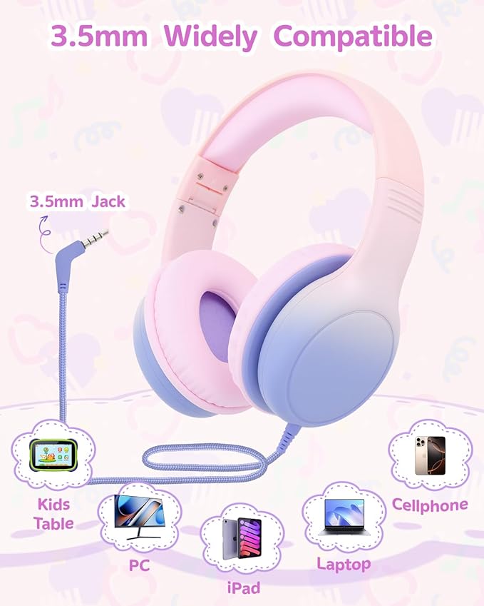 Over Ear Kids Headphones with HD Mic, Safe Volume Limited Wired Headphones for School, Travel, Stereo Sound Headphones with Cord, Foldable 3.5mm Headphones for iPad, Laptop, PC, Pink-Blue
