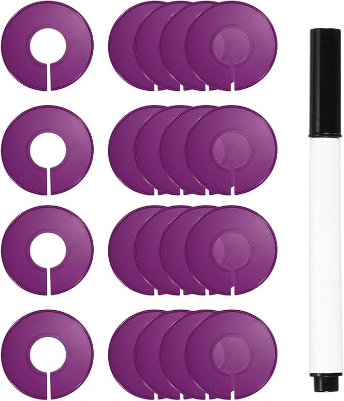 uxcell Clothes Dividers,20 Pack Round Closet Rack Dividers Clothing Rack Size Dividers Blank Labels with Marker Pen Writable & Reusable for Hanging Clothes Sorting Size, Purple
