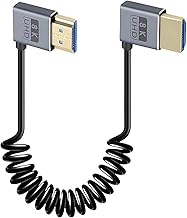 Duttek Coiled HDMI Cable1 FT-1.5FT 8K 60fps, 4K 120fps, Extremely Thin Left Angle to Right Angle HDMI Coiled Cable Short 480Gbps for ATOMOS Ninja V Sony A7siii Canon C300 C500 Ronin RS2 Monitor Camera