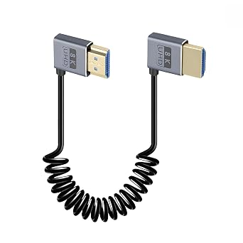 Duttek Coiled HDMI Cable1 FT-1.5FT 8K 60fps, 4K 120fps, Extremely Thin Left Angle to Right Angle HDMI Coiled Cable Short 480Gbps for ATOMOS Ninja V Sony A7siii Canon C300 C500 Ronin RS2 Monitor Camera