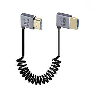 Duttek Coiled HDMI Cable1 FT-1.5FT 8K 60fps, 4K 120fps, Extremely Thin Left Angle to Right Angle HDMI Coiled Cable Short 480Gbps for ATOMOS Ninja V Sony A7siii Canon C300 C500 Ronin RS2 Monitor Camera