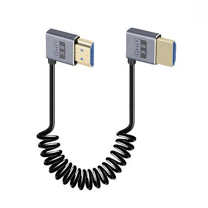 Duttek Coiled HDMI Cable1 FT-1.5FT 8K 60fps, 4K 120fps, Extremely Thin Left Angle to Right Angle HDMI Coiled Cable Short 480Gbps for ATOMOS Ninja V Sony A7siii Canon C300 C500 Ronin RS2 Monitor Camera