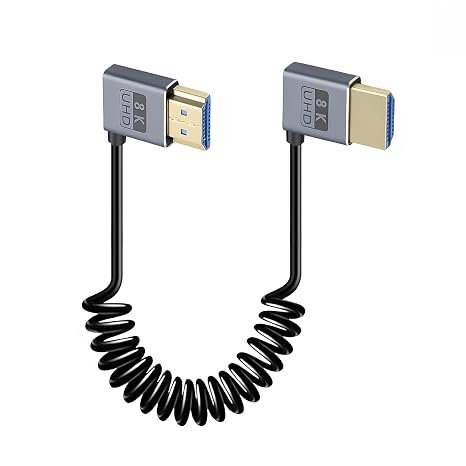 Duttek Coiled HDMI Cable1 FT-1.5FT 8K 60fps, 4K 120fps, Extremely Thin Left Angle to Right Angle HDMI Coiled Cable Short 480Gbps for ATOMOS Ninja V Sony A7siii Canon C300 C500 Ronin RS2 Monitor Camera