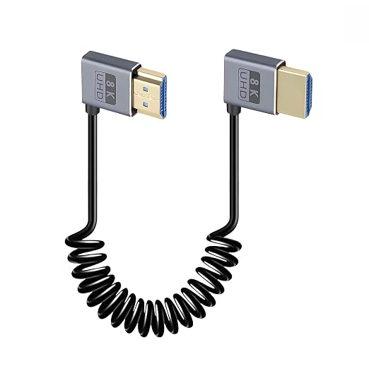 Duttek Coiled HDMI Cable1 FT-1.5FT 8K 60fps, 4K 120fps, Extremely Thin Left Angle to Right Angle HDMI Coiled Cable Short 480Gbps for ATOMOS Ninja V Sony A7siii Canon C300 C500 Ronin RS2 Monitor Camera
