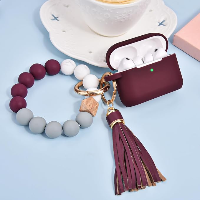 Filoto for AirPods Pro 3 Case (2025), Soft Silicone Protective Case Cover Compatible with Apple AirPods Pro 3rd Generation with Beaded Bracelet Keychain Accessories for Women Burgundy
