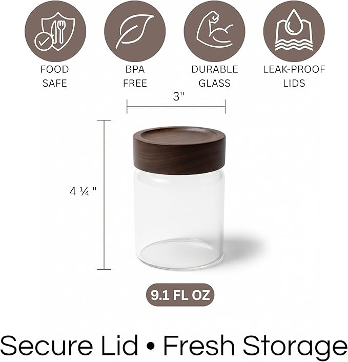 Wide Mouth Glass Storage Jars With 3" Acacia Wood Lids - 4 Pack of 9.1 Oz Airtight Food Storage Containers - Borosilicate Glass Canisters for Kitchen - Pantry Organizers and Storage for Rice Coffee