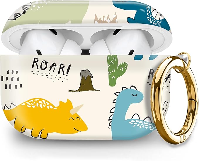 Cute Hard Case Compatible with AirPods Pro 2nd/1st Generation, Protective Cover with Golden Keychain, Fits 2023/2022/2019 Models, for Women, Girls, and Men(Cute Dinosaur