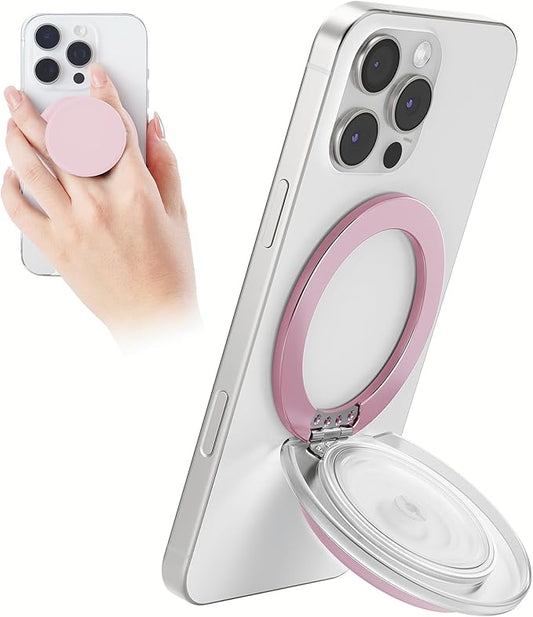 for MagSafe Phone Grip, Magnetic Phone Grip Holder Built-in Phone Stand, Magnetic Collapsible Expandible Phone Grip with Adjustable Kickstand for Portrait or Landscape, Translucent Pink