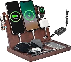 Wood Phone Docking Station with 4 USB 22.5W PD & QC3.0 Fast Charger,Nightstand Organizer for Men, Dual Phone Charging Station for iPhone Samsung Google Android,Anniversary Birthday Gifts for Men Him - Image 1