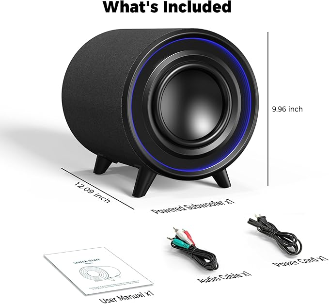 Powered Subwoofer, 100W Peak Sub with DSP, 6.5’’ Subs with Infinity Mirror - 3D Tunnel Light, 6 LED Home Theater Subwoofers, 40Hz-250Hz, Class-D Amp, Low Pass dial, Phase Switch