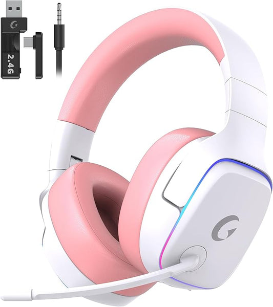 2.4GHz Wireless Gaming Headsets for PS5, PS4, PC, Switch - Bluetooth 5.3 Gaming Headphones with Noise Canceling Mic, 7.1 Surround Sound, 70H Battery, RGB Lighting - Pink