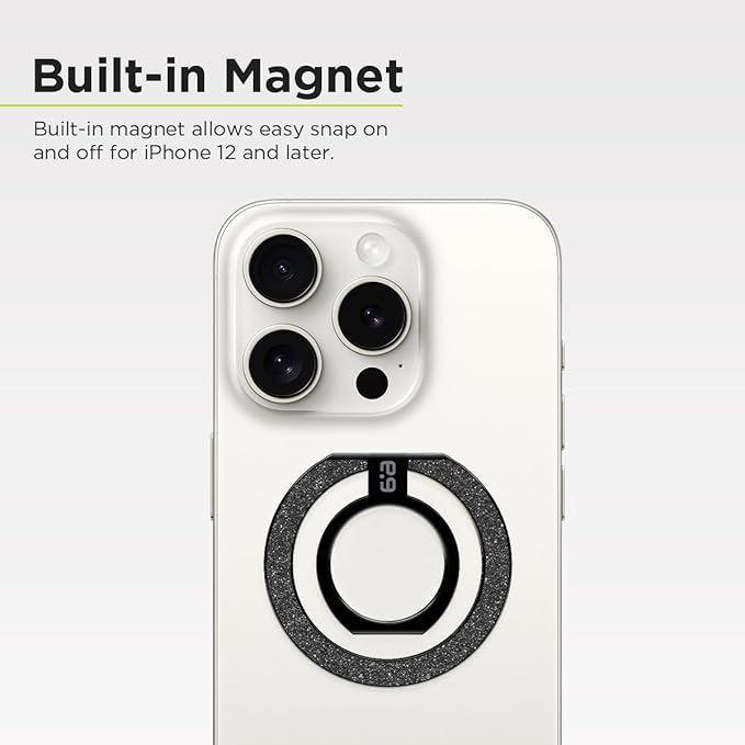 PureGear Magnetic Phone Grip Ring Stand, Magnetic Phone Ring Holder for MagSafe iPhone Air, 17, 17Pro, 17ProMax, 16, 16Pro, 16Plus, 16ProMax, 15,14,13,12 Adjustable Kickstand (Brushed Black Glitter)