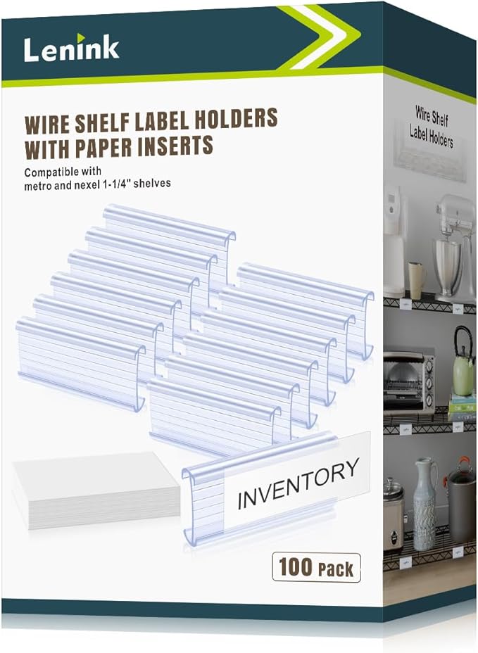 Lenink 100Pcs Wire Shelf Label Holders with 100Pcs Label Paper Inserts, Plastic Wire Rack Label Holder Compatible with Metro and Nexel 1-1/4in Shelves, Label Area 3in Lx1.25in H
