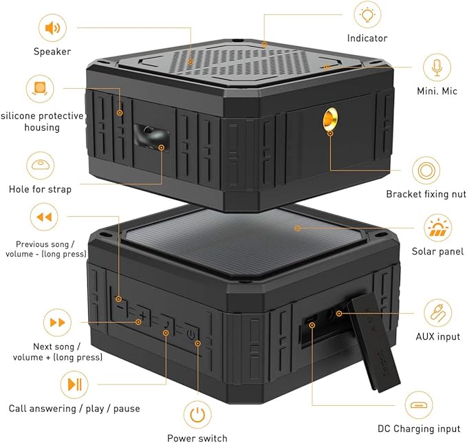Solar Speaker Portable IPX6 Waterproof Bluetooth Speakers 15 Hours of Playtime Rich Stereo Bass Shockproof Dustproof for Home and Outdoor Wireless Speaker(1-Pack)
