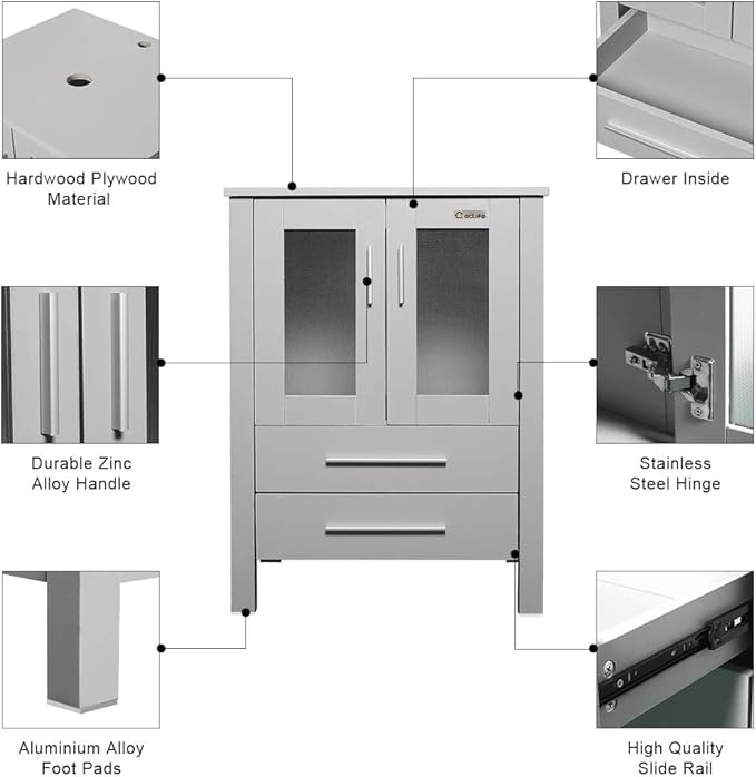 eclife 48" Modern Bathroom Vanity Sink Combo Freestanding Cabinet with Small Side Cabinet, Without Vessel Sink, Faucet, Drain (Gray Vanity Only)