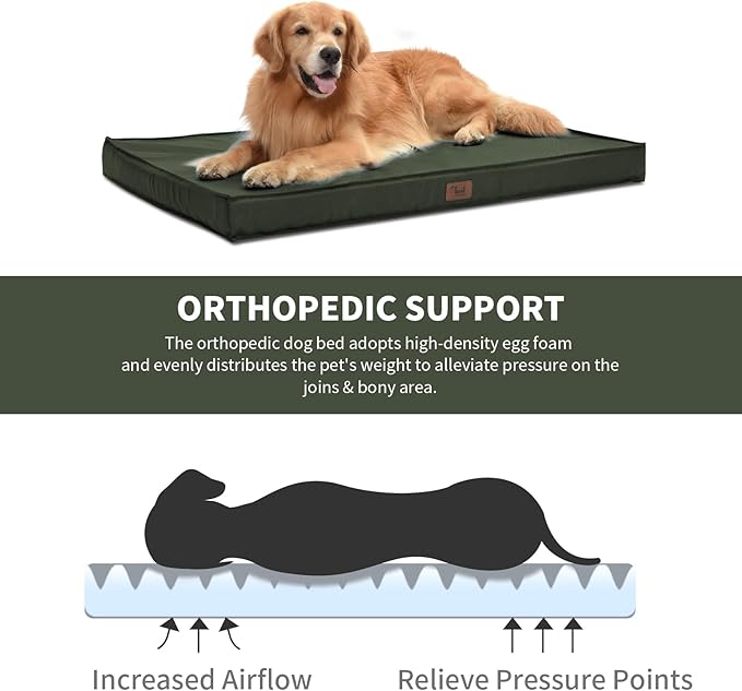 Outdoor Extra Large Dog Bed, Jumbo Waterproof Dog Bed for Large Dogs, Orthopedic Egg Crate Foam Pet Mat with Removable Oxford Cooling Cover, Dark Green
