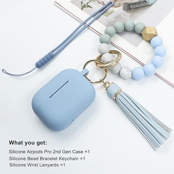 Compatible with Airpods Pro 2nd Generation Case Cover 2022, Soft Silicone Protective Cover with Bracelet Keychain for Apple Airpods Pro 2 Case for Women (Sky Blue)