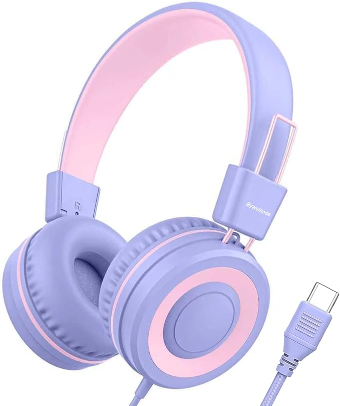 Upgrade USB Type C Kids Headphone for School, 94dB Safe Volume Limited, HD Stereo Sound, Foldable Lightweight On-Ear Headphones for Boys/Girls/Students/Tablet/Travel(Light Purple)