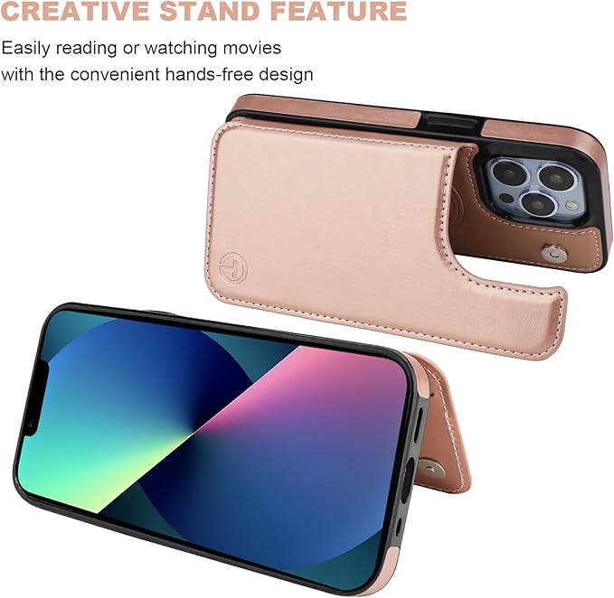 ONETOP Compatible with Magsafe for iPhone 13 Pro Wallet Case with Card Holder, PU Leather Kickstand RFID Blocking Case, Double Magnetic Clasp and Durable Shockproof Cover 6.1 Inch (Rose Gold)
