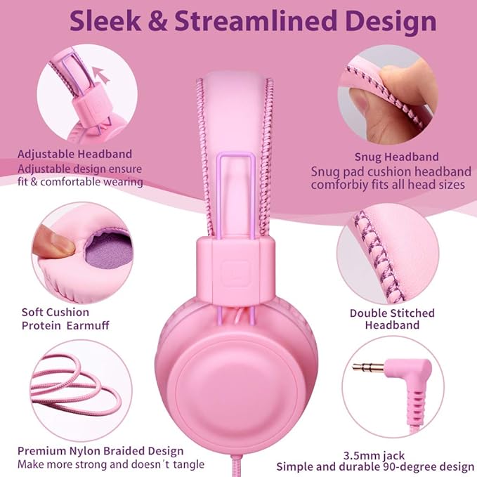 M2 Kids Headphones Wired Headphone for Kids,Foldable Adjustable Stereo Tangle-Free,3.5MM Jack Wire Cord On-Ear Headphone for Children/Teens/Girls/School/Kindle/Airplane/Plane/ (Pink)