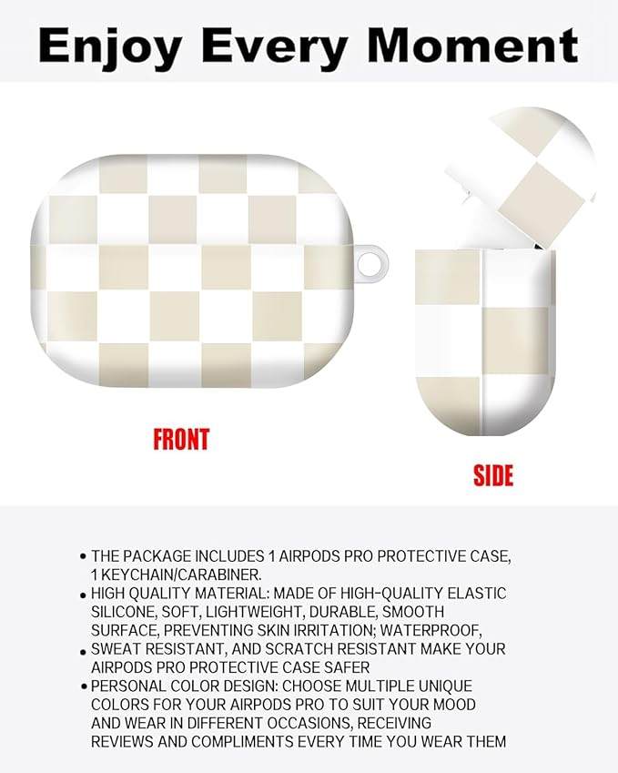 Compatible with AirPod Pro Case 2nd/1st Gen (2023/2022/2019),Shockproof Protective Cover with Keychain for Women,Cute Charging Case for Airpod Pro 2/1(Checkered Beige White)