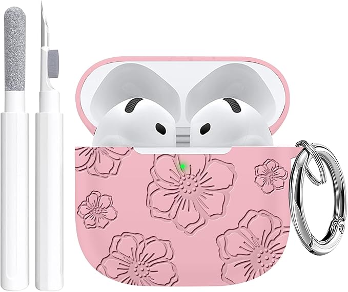 Maxjoy for Apple Airpods 4th Generation Case Cover(2024), Silicone Case with Cleaner Kit & Keychain Compatible Compatible with Airpods 4 case for Women,Men(Pink Flowers)