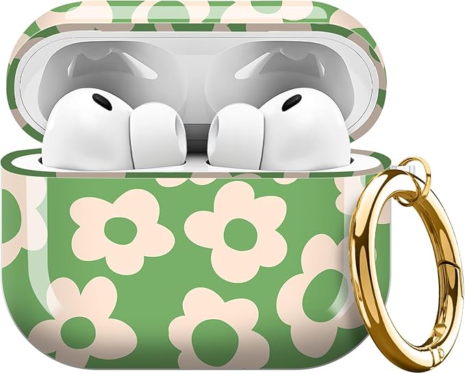 Compatible with AirPods Pro 3 (2025) Case, Airpod Pro 3 Protective Cover with Cute Golden Keychain for Girls & Women (Green Groovy Flower)
