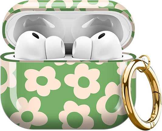 Compatible with AirPods Pro 3 (2025) Case, Airpod Pro 3 Protective Cover with Cute Golden Keychain for Girls & Women (Green Groovy Flower)