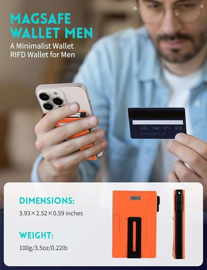Wallet for men,Magsafe Wallet with Money Clip,Ridge Wallets for Men | Magnetic wallet for iPhone 17/16/15/14/13/12 Series,Card Holder(8 Cards & Bills), Aluminum & Microfiber Leather,Orange