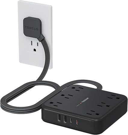 TESSAN Surge Protector Power Strip, 5Ft Flat Plug Extension Cord, Black