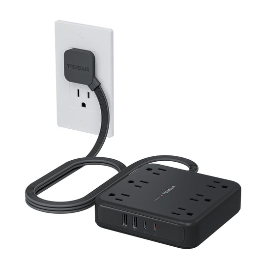 TESSAN Surge Protector Power Strip, 5Ft Flat Plug Extension Cord, Black