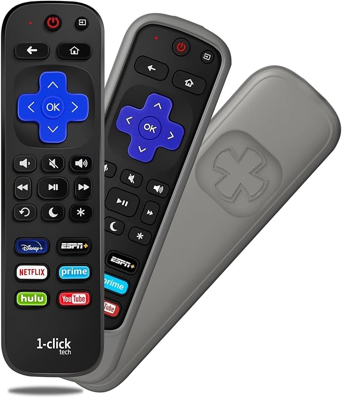 [w/Cover] 1-clicktech New Remote for Roku TV w/6 Customizable HotKeys, for TCL Hisense Onn Sharp Sanyo Hitachi Element Insignia Westinghouse Magnavox LG Roku TV, Roku Box (Remote + Grey Cover)