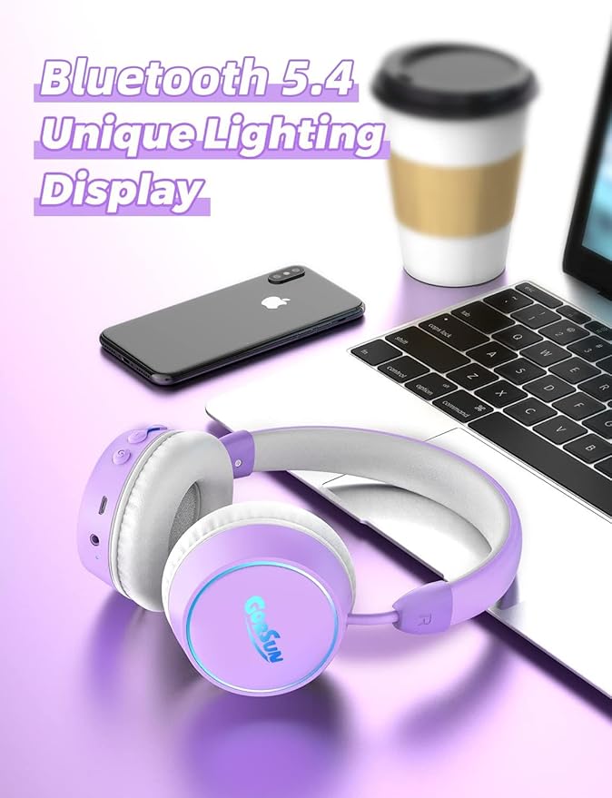 gorsun Kids Bluetooth Headphones, 85dB Volume Limited, 68 Hours Playtime, Bluetooth 5.4, Colorful LED Lights Toddler Headphones Wireless with Microphone, Birthday Gift for 1-13 Year Olds (Purple)