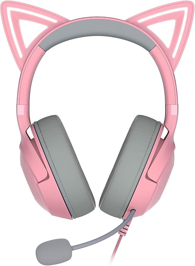 Razer Kraken Kitty V2 USB Wired RGB Headset: Chroma Kitty Ears - Stream Reactive Lighting - HyperClear Cardioid Mic - Triforce 40 mm Drivers - 7.1 Surround Sound - Quartz Pink (Renewed)
