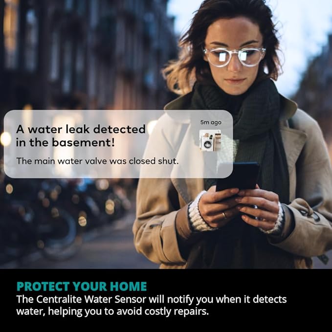 by Ezlo Water Sensor - Monitors Your Whole Home for Leaks - Detects Water Leaks in a Kitchen, Bathroom, Basement or Laundry Room - Zigbee