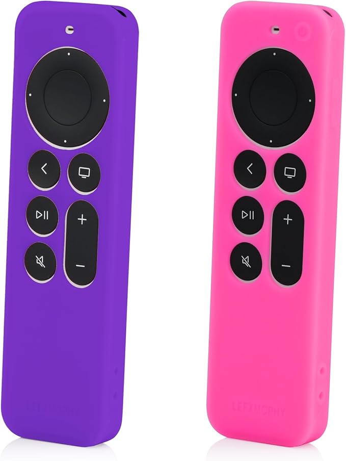 LEFXMOPHY Cover for Apple Remote Case, New 4K TV Siri 2nd 2021, 3rd 2022 2023 202 Controller, Silicone Protective Skin with Lanyard, 2-Pack Purple and Glow Hot Pink for Girl