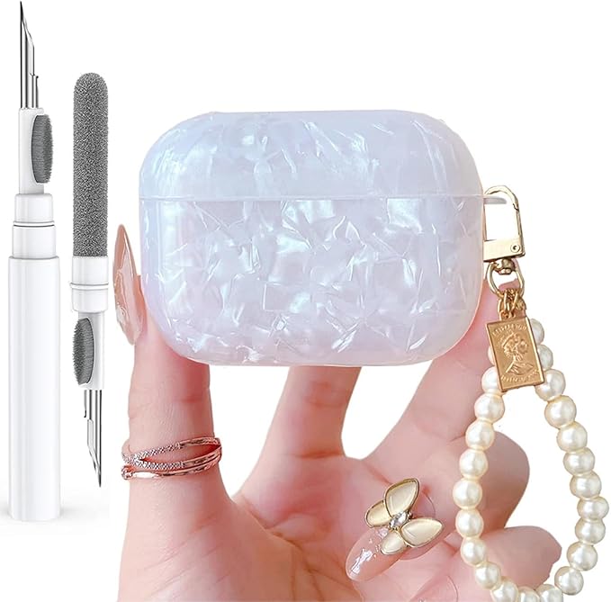 for Cute Glitter Airpods Pro 2nd/1st Generation Case with Cleaner Pen, Shell Pattern Airpods iPod Pro 2 Gen Cover Protective Skin Girl Women with Luxury Pearl Keychain 2023/2022/2019 - White
