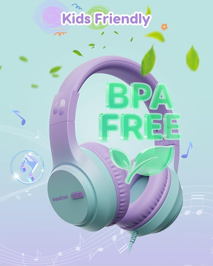 Kids Headphones, 74/85/94dB Volume Limiter, Foldable Wired Over Ear Headphones for Travel, 3.5mm Jack, Toddler Headphones for School, Chromebook, iPad, Tablet, Purple Green