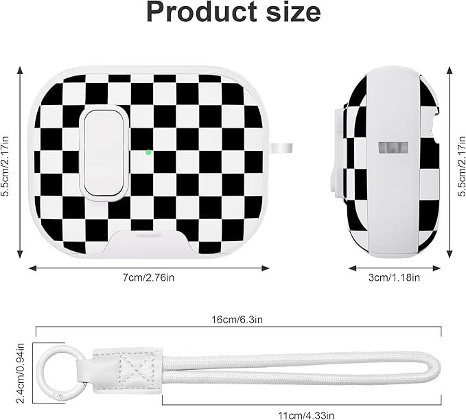 for AirPods Pro 3 Case(2025) with Secure Lock Clip and Phone Stand,Floral Girly Style Protective Cover with Cleaning Kit and Hand Strap for Apple AirPod Pro 3 Generation (Black White Squares)