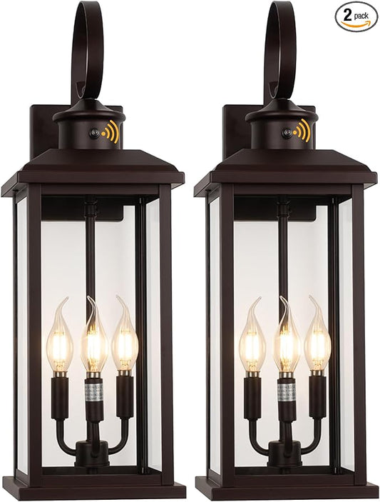 2Pack Dusk to Dawn Outdoor Wall Light Fixture, 24in Bronze Large 3-Light Modern Porch Lantern, Waterproof Exterior Lighting Sconce Wall Mount, Outside Lamp for House Garage Patio E12 Base