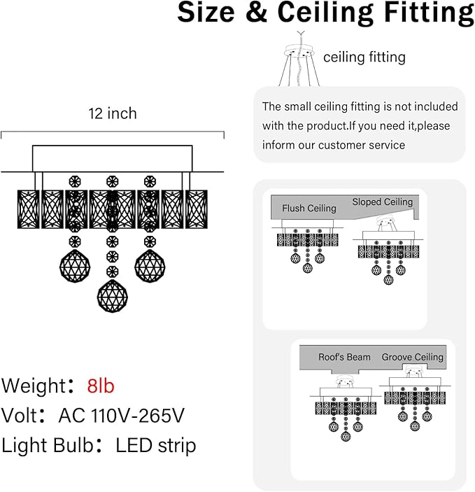 Dia 12" Mini Chandelier Flush Mount Chandelier for Hallway, Crystal Ceiling Chandeliers for Dining Room, Bedroom, Living Room, Entryway, Kitchen (Chrome Ceiling Light Fixture)