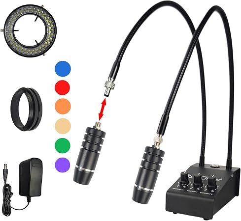 Microscope Light 6W 6500K Dual Gooseneck Spotlight with Adjustable Lights Microscope 64 LED Ring Illuminator Source for Industrial Digital Stereo Microscope Camera, PCB Repair, Soldering