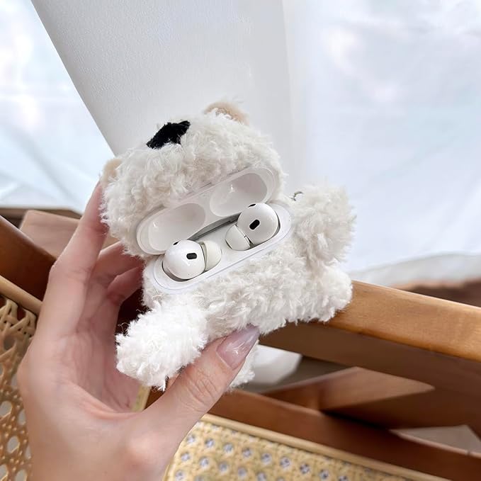 Yatchen Furry Case for AirPods Pro,Funny Cute 3D Cartoon Plush Kawaii Western Highland Dog Design Fluffy Soft Warm Cover Case Charging Box with Keychain Anti-Fall Protector for AirPods Pro