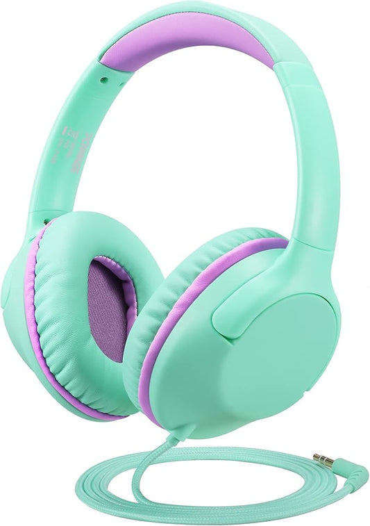 Kids Headphones Over-Ear Headphones for Kids/Teens/School with 94dB Volume Limited Adjustable Stereo 3.5MM Jack Wire Cord for Fire Tablets/Travel/PC/Phones(Mint Green)